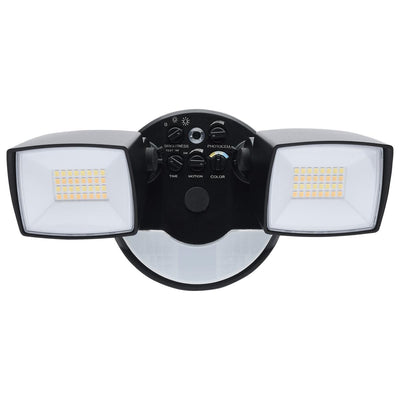 Satco 17/25 Watt Dual Head LED Selectable Flood Light With Night Light 3000/4000/5000K Selectable Black 